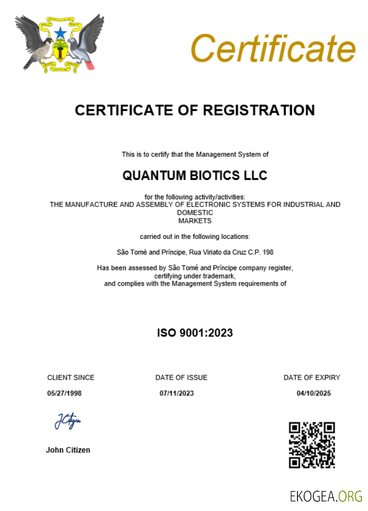 Modèle Word et PDF de certificat d'enregistrement d'entreprise à São Tomé et Príncipe